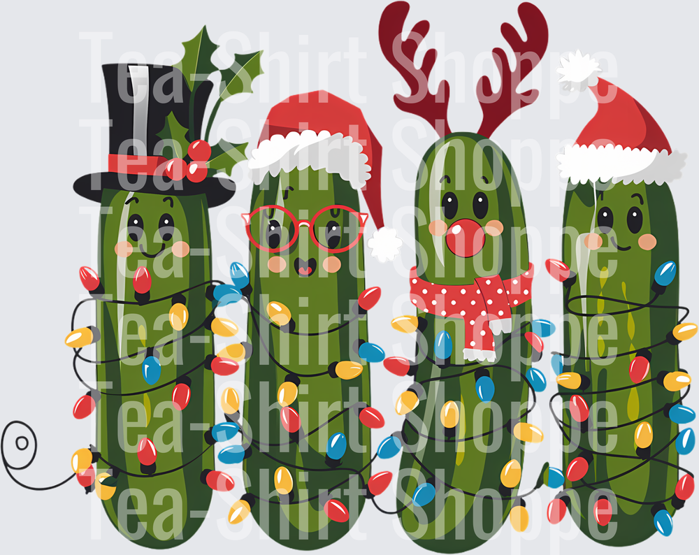Cute Christmas Pickle Family Wrapped in Holiday Lights