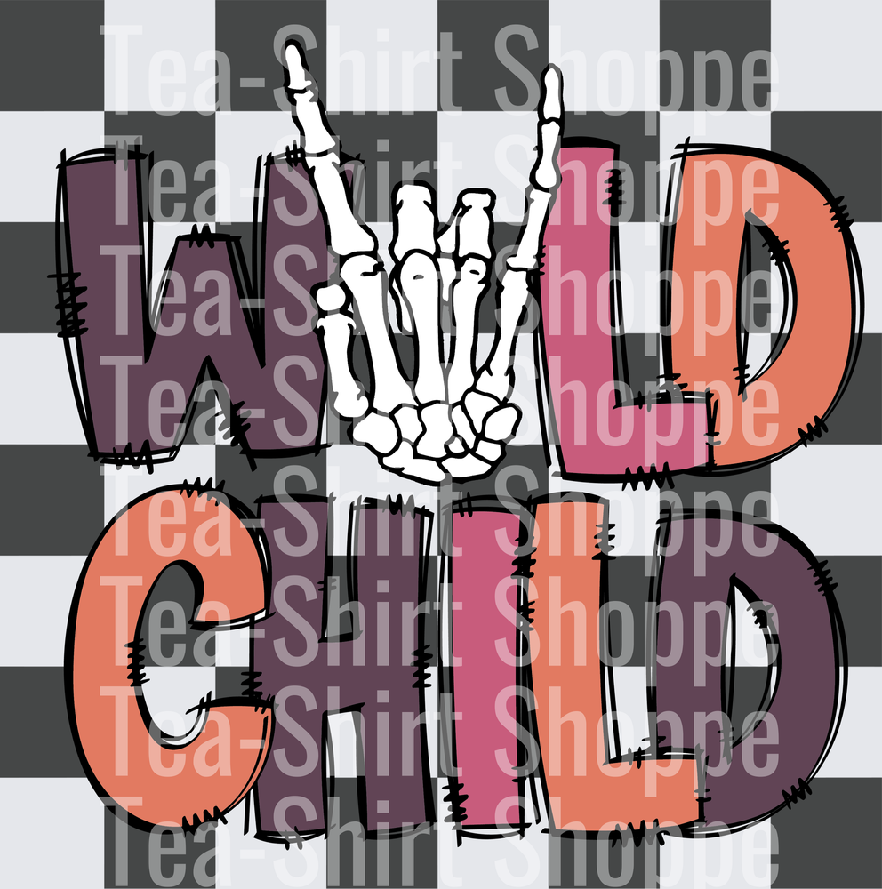 Wild Child Skeleton Rock Hand Checkered Bold Lettering