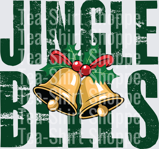 Jingle Bells Distressed Green Text with Gold Bells Holly