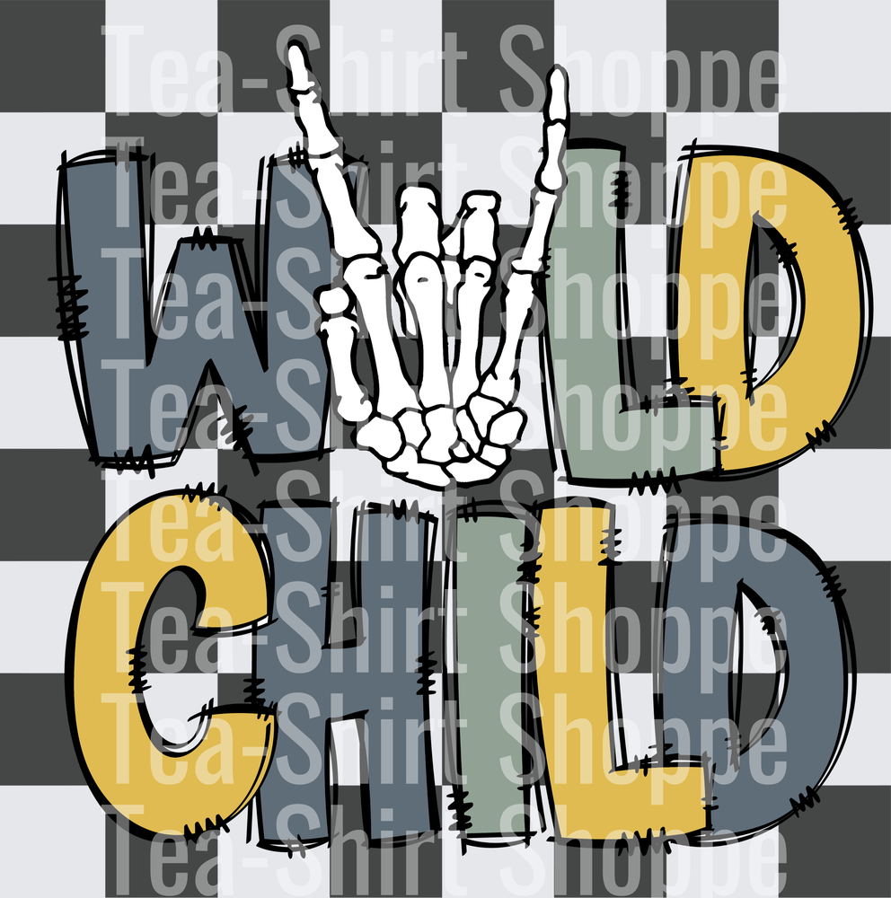 Wild Child Skeleton Rock Hand Checkered Bold Lettering