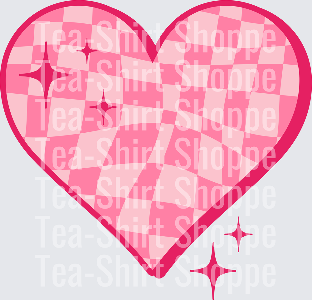 Pink Wavy Checkered Heart with Hot Pink Sparkle Stars
