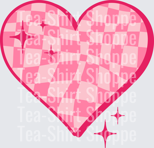 Pink Wavy Checkered Heart with Hot Pink Sparkle Stars