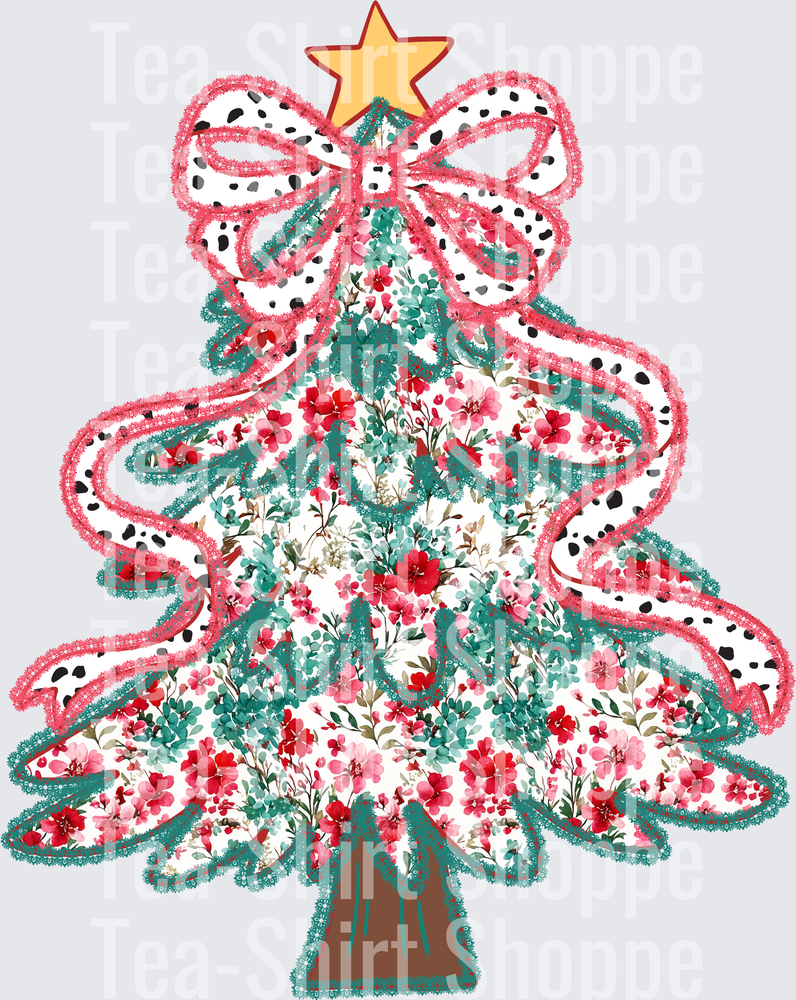 Floral Christmas Tree Dalmatian Bow Gold Star Topper