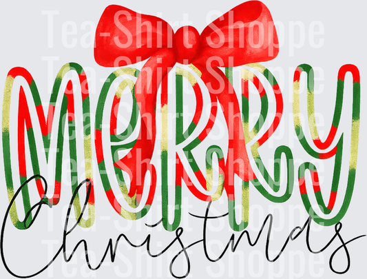Merry Christmas Red Bow Candy Cane Stripe Lettering
