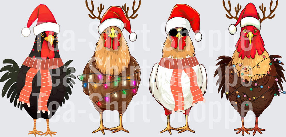 Four Christmas Chickens Santa Hats Scarves Holiday Lights