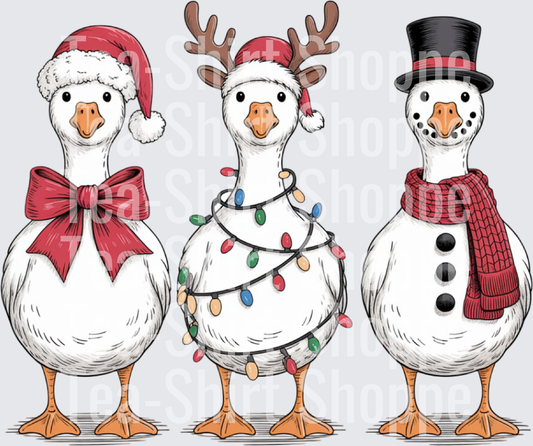Three Christmas Geese Santa Reindeer Snowman Holiday Ducks