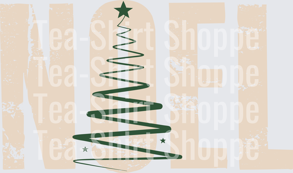 Noel Distressed Text with Spiral Christmas Tree and Stars