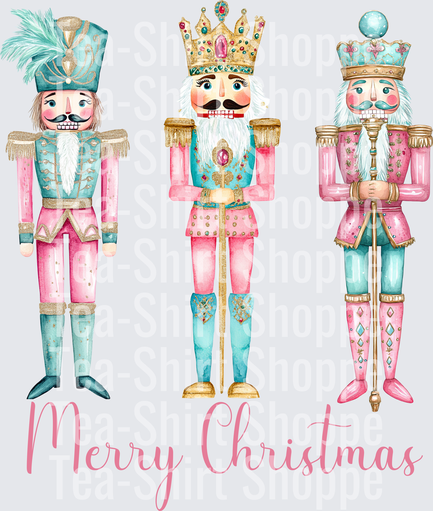 Merry Christmas Pink Teal Watercolor Nutcracker Trio