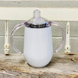 10oz, White Sippy Cup for sublimation. Includes lid and handle for easy grip. Stainless steel, double walled vacuum insulated with sturdy lid and handles to avoid accidents. Personalize with coordinating themes for baby showers or birthday parties.