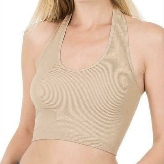Ash Mocha Ribbed Seamless Cropped Halter Tank Top / Bra by Zenana  Wear alone as a bra (does NOT have padded inserts) - great underneath strappy shirts or as a pop of color on a cold shoulder or boat neck top. This ribbed Cropped Halter Tank Top Nice ribbed detail on outer layer-inside layer against the skin is a soft brushed finish. Nice covered elastic bottom. Very stretchy.