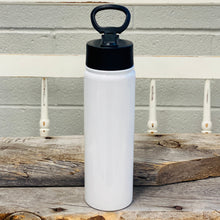 22oz, White Stainless Steel Water Bottle for sublimation. Includes wide mouth opening with black flip lid and handle for easy carrying. The double walled, vacuum sealed bottles are perfectly insulated to keep your favorite beverage cold and are great for any outdoor or indoor activity. Personalize with your favorite inspirational quote, picture, or design.
