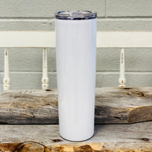 30oz, White Luma Steel™ Stainless Steel Skinny Tumbler, with clear lid and metal straw. 9.8" x 2 7/8" dia. This popular tumbler design is great for both men and women. Available in white.