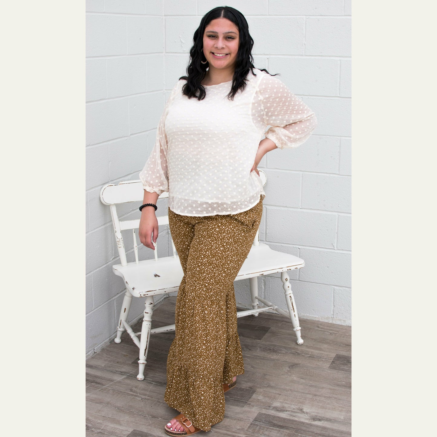         Harmony Flowy Pants Curvy Dizty printed tiered ruffle wide pants featuring woven, smocked elastic waistband.  Flowy Full Length: 44" (out seam waist band) Content: 100% Polyester Comfort Spring Vibes
