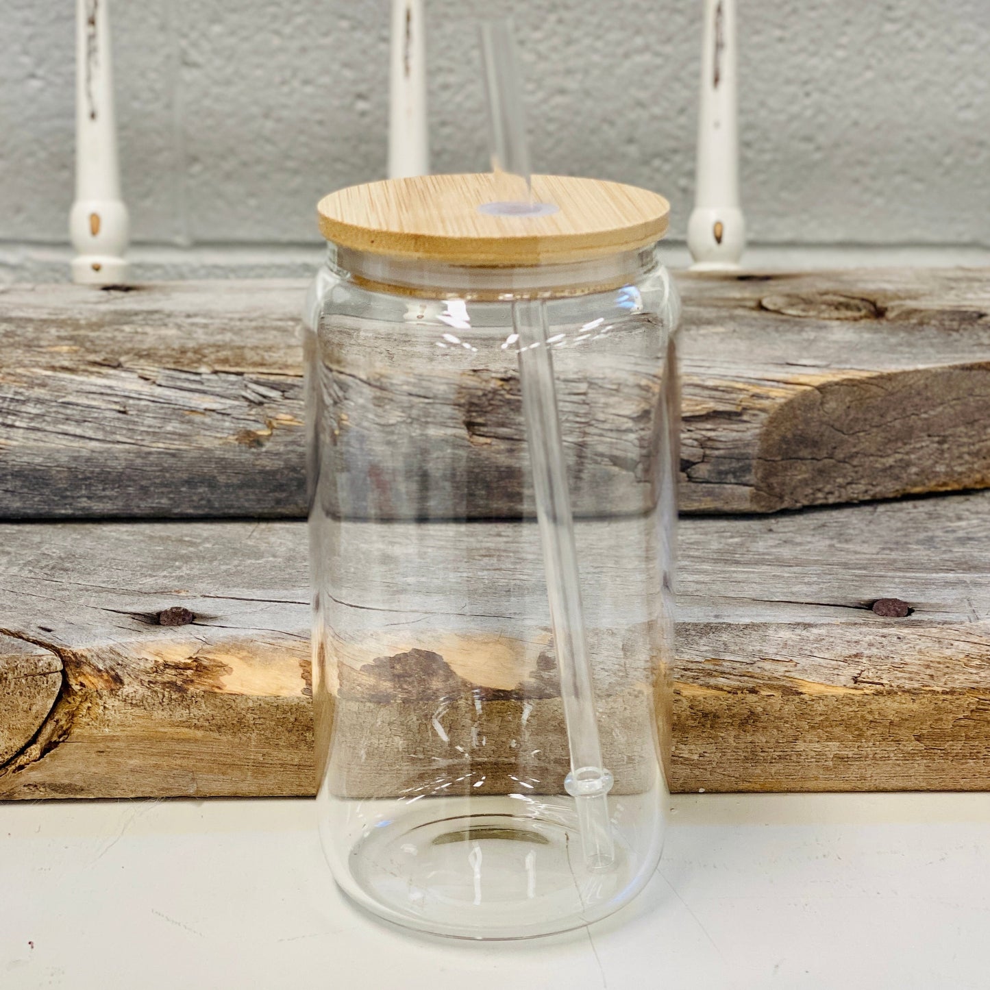 16oz, Glass Jar Tumbler, with bamboo lid and plastic straw.