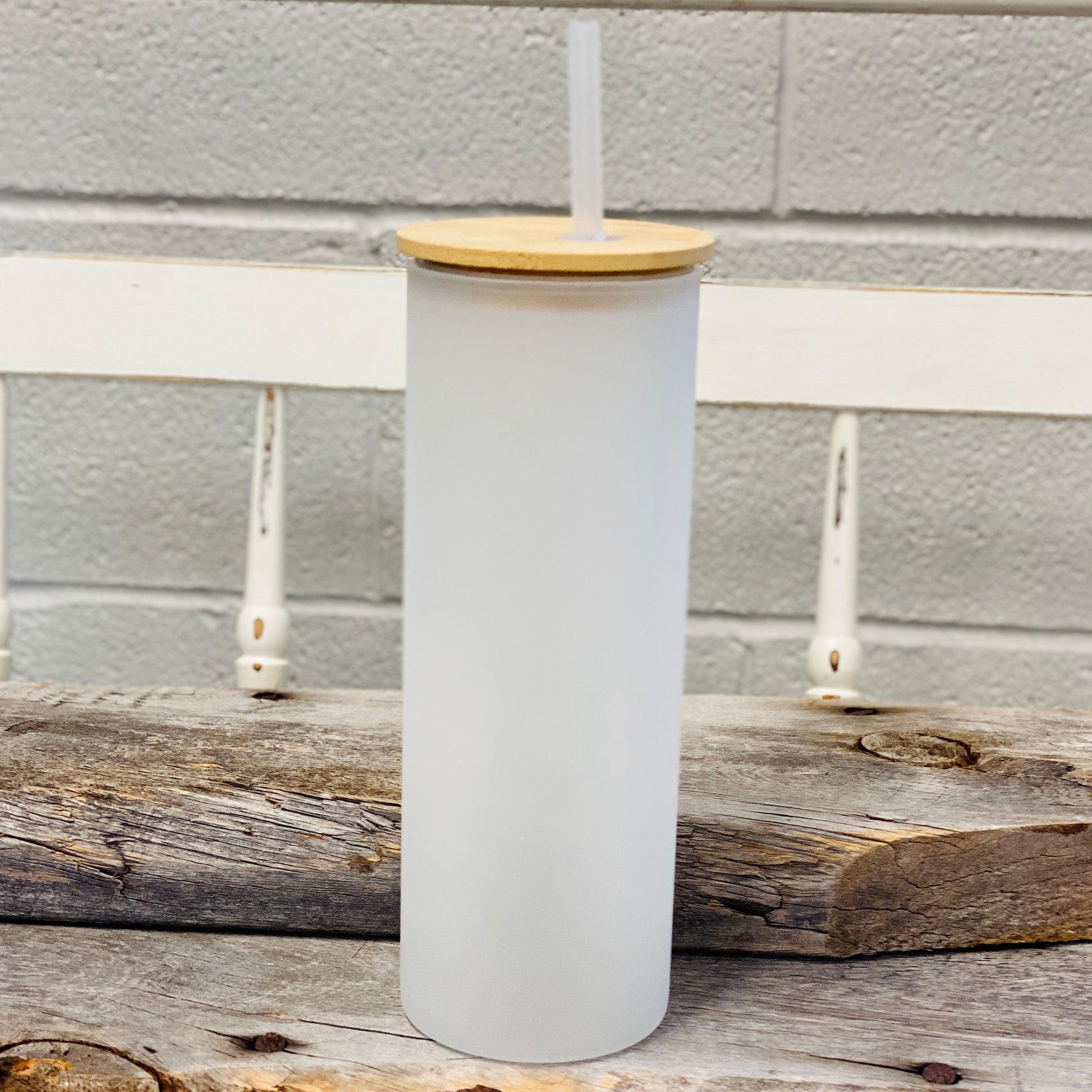 25oz, Frosted Glass Tumbler, with bamboo lid and plastic straw. 