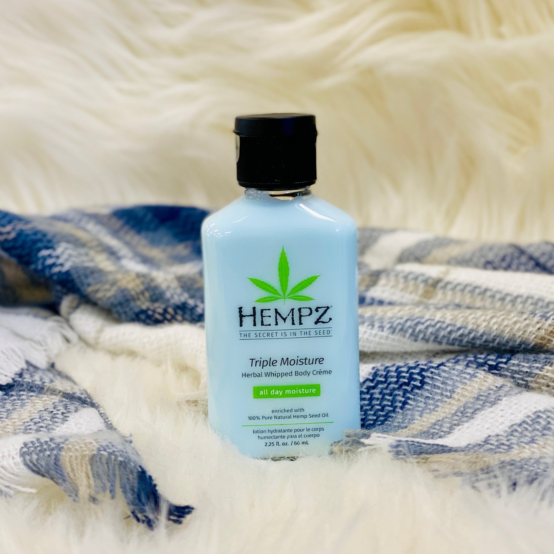 Hempz Travel Size Triple Moisture Whipped Body Creme     Benefits Protects skin and locks in moisture with 100% pure hemp seed oil Helps ward off free radical damage with shea butter Protects and firms skin with hydrating yangu oil Features Paraben-free Cruelty-free Gluten-free 100% Vegan THC-free