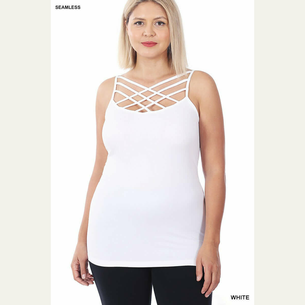 Curvy Criss Cross Cami This cami is great for layering under so many types of different tops. With a pretty criss-cross design in the front. Making it stylish and flattering!   92% nylon 8% spandex