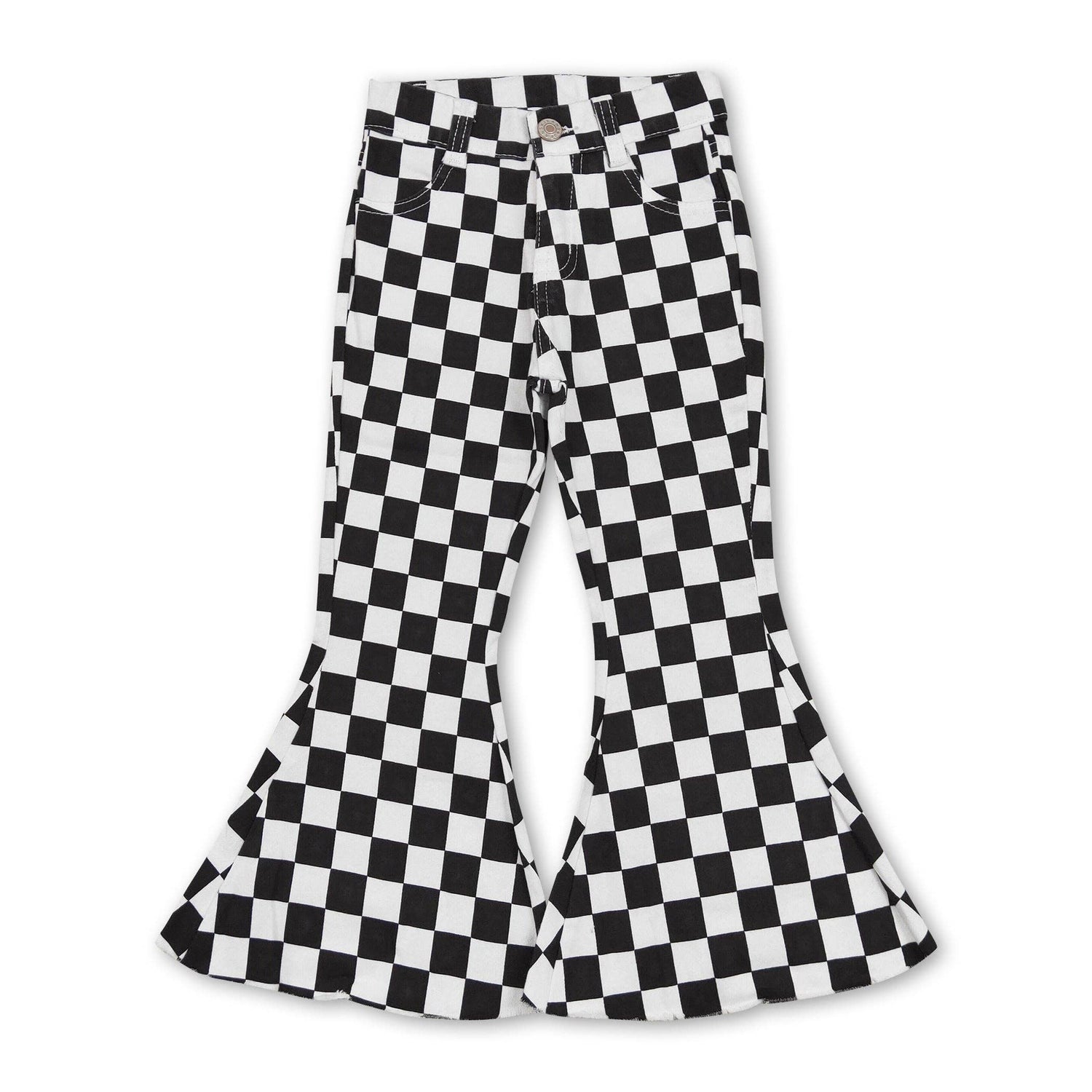 Black plaid denim pants girls bell bottom jeans  Yawoo Garments   