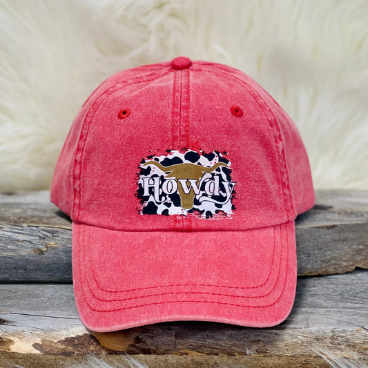 Red Howdy Cow Print Hat.  100% cotton Red Adjustable Strap Back One size fits all
