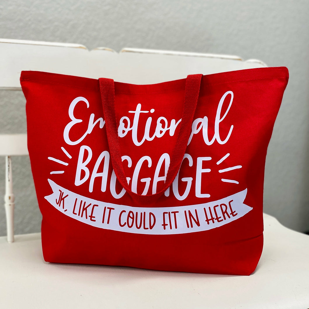 Emotional Baggage Red Bag  We all feel a little low sometimes, thankfully we've got a bag to carry snacks AND our sadness!   %100 cotton  Tea Shirt Shoppe 417-262-8828