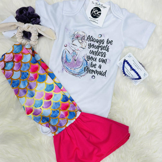 "Always Be Yourself, Unless You Can Be A Mermaid" graphic on a white onesie.   100% polyester