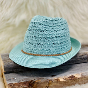 Mint Fedora Hat  70% Cotton, 30% Paper Tan Braided Band Adjustable