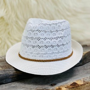 White Fedora Hat  70% Cotton, 30% Paper Tan Braided Band Adjustable