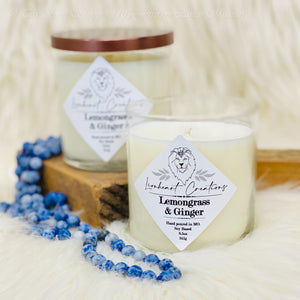 Lemongrass & Ginger Soy Based Candle  Start your day with a burst of freshness with Lionheart Creation's hand poured Lemongrass & Ginger candle. Enjoy the uplifting fragrance as you get ready for your day.