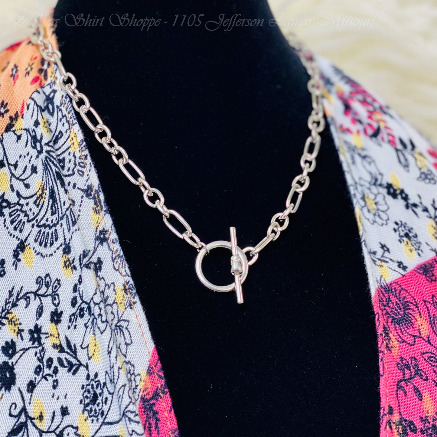 Color: Silver Chain Detail Metal Knot Detail Toggle Closure Non-Adjustable 18" Chain Length 9.5"