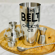 The Belt Cocktail Co. Cocktail Shaker 3pc Set The Belt Cocktail Co. Shaker Set, is the perfect addition to any kitchen or bar set up. The stainless steel set includes a 24oz shaker, 1 & 1/2 oz jigger, and 9 inch cocktail stirring spoon. 